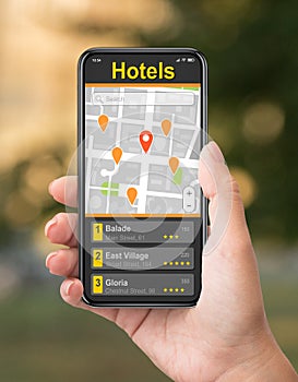 Tourist using map in cellphone to navigate and find hotel locations in big city, collage