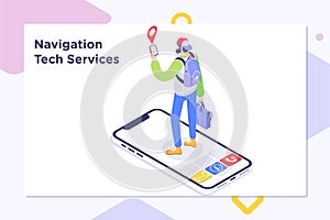 Tourist using map in phone app to navigate and find location.Online Navigation template in isometric vector.