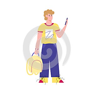 Tourist using phone for navigation or taxi flat vector illustration isolated