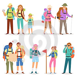 Tourist vector traveling people tripper traveler man woman camper character with backpack on vacation illustration set