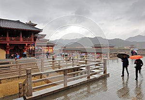 The tourist visit Emperor Qin Palace in rain at hengdian studios, adobe rgb