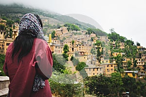 Tourist walk around Masuleh historical village in north east Iran - popular famous tourism destination in persia