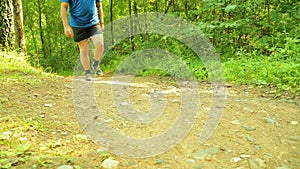 A tourist is walking along a forest path.