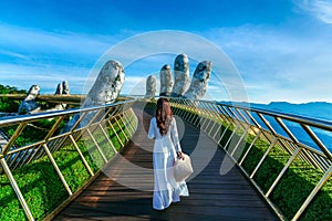 Tourist walking at Golden Bridge in Danang Vietnam