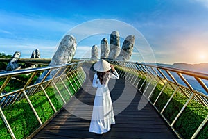 Tourist walking at Golden Bridge in Danang Vietnam