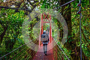 Tourist walking on a suspension bridge in Monteverde Cloud Forest, Costa Rica