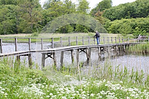 Tourist walks over a wooden bridge