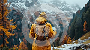 A tourist wearing a yellow jacket and backpack is seen hiking up a rugged mountain trail. The person appears determined