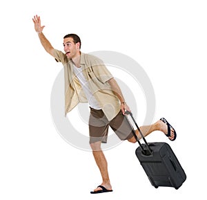 Tourist with wheels bag hurry to airplane