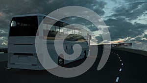 Tourist white bus driving on the bridge under an ominous cloudy sky. 3d Rendering