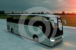 Tourist white bus on the road, highway. Very fast driving. Touristic and travel concept. 3d illustration