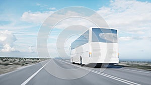 Tourist white bus on the road, highway. Very fast driving. Touristic and travel concept. 3d rendering.