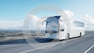 Tourist white bus on the road, highway. Very fast driving. Touristic and travel concept. 3d rendering.