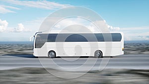 Tourist white bus on the road, highway. Very fast driving. Touristic and travel concept. 3d rendering.