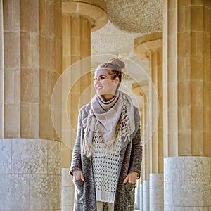 Tourist woman in Barcelona, Spain in winter enjoying promenade