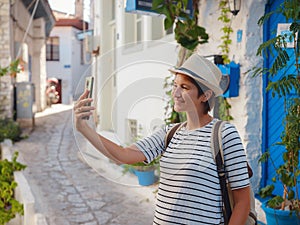 Tourist Woman on Beautiful Streets of old Marmaris.