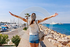 Tourist woman in Cannes, Cote d'Azur, France, South Europe. Nice city and luxury resort French riviera