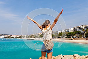 Tourist woman in Cannes, Cote d'Azur, France, South Europe. Nice city and luxury resort French riviera