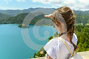 Tourist Woman Enjoying View of Lake Bled