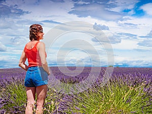 Tourist woman enjoys view of lavender fields, Provence France