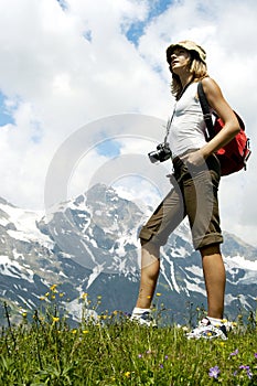 Tourist Woman Hiking Mountains, Girl Backpacker Climbing, travel tourism