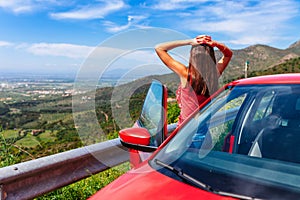 Tourist woman and mountain view in Pyrenees, near of Cadaques, Catalonia, Spain near of Barcelona, famous tourist destination in