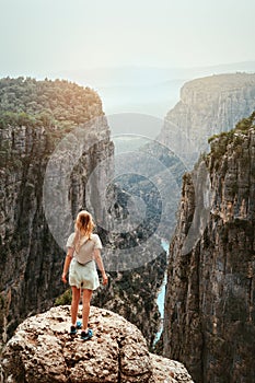 Tourist woman outdoor traveling in Turkey enjoying Tazi canyon view healthy lifestyle