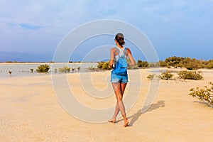 Tourist woman at the Red Sea coast and mangroves in the Ras Mohammed National Park. Famous travel destionation in desert. Sharm el photo