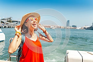 tourist woman traveler standing on cruise ship or ferry boat