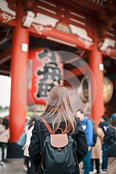 Tourist woman visit Sensoji Temple or Asakusa Kannon Temple is a Buddhist temple located in Asakusa, Tokyo Japan. Japanese
