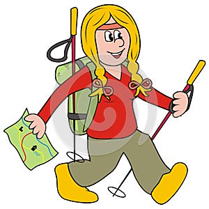 Tourist woman, young person with hiking sticks, map and backpack, vector illustration