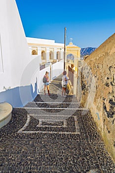 Catholic Cathedral old walkway Fira Santorini Cyclades Greece