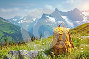 Tourist yellow backpack on background green grass nature in mountain, blurred panoramic landscape