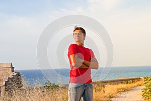 Tourist young European man with beard. Smiles