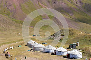 Tourist Yurt camp of Tulpar Kol Lake in Alay Valley, Osh, Kyrgyzstan