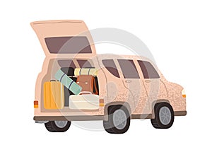 Touristic automobile with open trunk full of adventure equipment vector flat illustration. Campervan with bags, suitcase