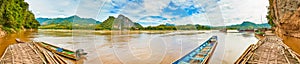 Touristic boats. Beautiful landscape panorama, Laos.