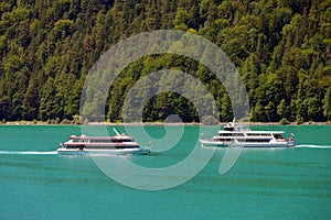 Touristic boats on the turquoise waters of Achensee, Tirol, Austria