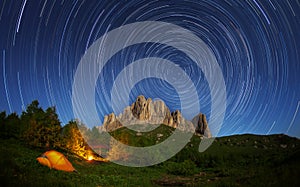 Touristic camp on a background of mountain Big Thach and starry