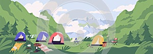 Touristic camp or campground with tents and campfire. Landscape with forest campsite against mountains in background