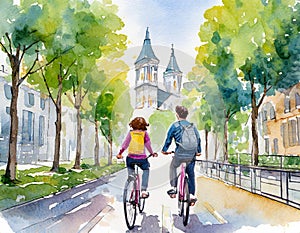 Touristic couple with backpacks riding bikes in the city watercolor illustration
