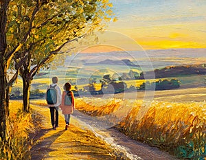 Touristic couple with backpacks walking in the outdoor countryside landscape oil painting