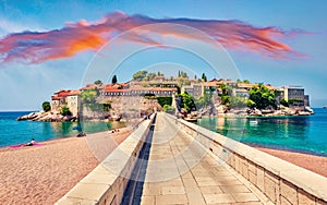 Touristic face of Montenegro - Sveti Stefan, small islet and 5-star hotels resort on the Adriatic coast. Fantastic morning seascap