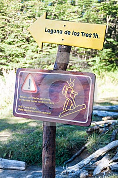 Touristic hiking sign in National Park Los Glaciares, Argenti