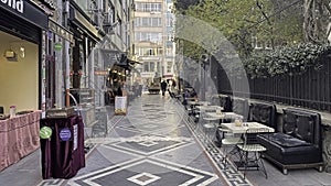 Touristic Kadikoy district with its narrow streets, modern and historical buildings of Istanbul