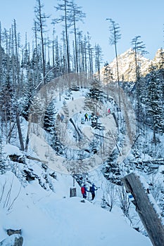 Touristic path high in High Tatras mountains in Slovakia during winter season