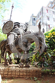 Touristic street in La Havana, Cuba, statue of Sancho Panza