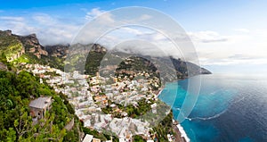 Touristic Town, Positano, on Rocky Cliffs and Mountain Landscape by the Sea. Amalfi Coast, Italy