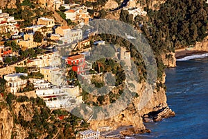 Touristic Town, Positano, on Rocky Cliffs and Mountain Landscape by the Sea. Amalfi Coast, Italy