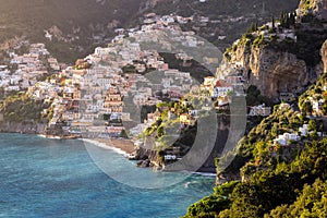 Touristic Town, Positano, on Rocky Cliffs and Mountain Landscape by the Sea. Amalfi Coast, Italy.